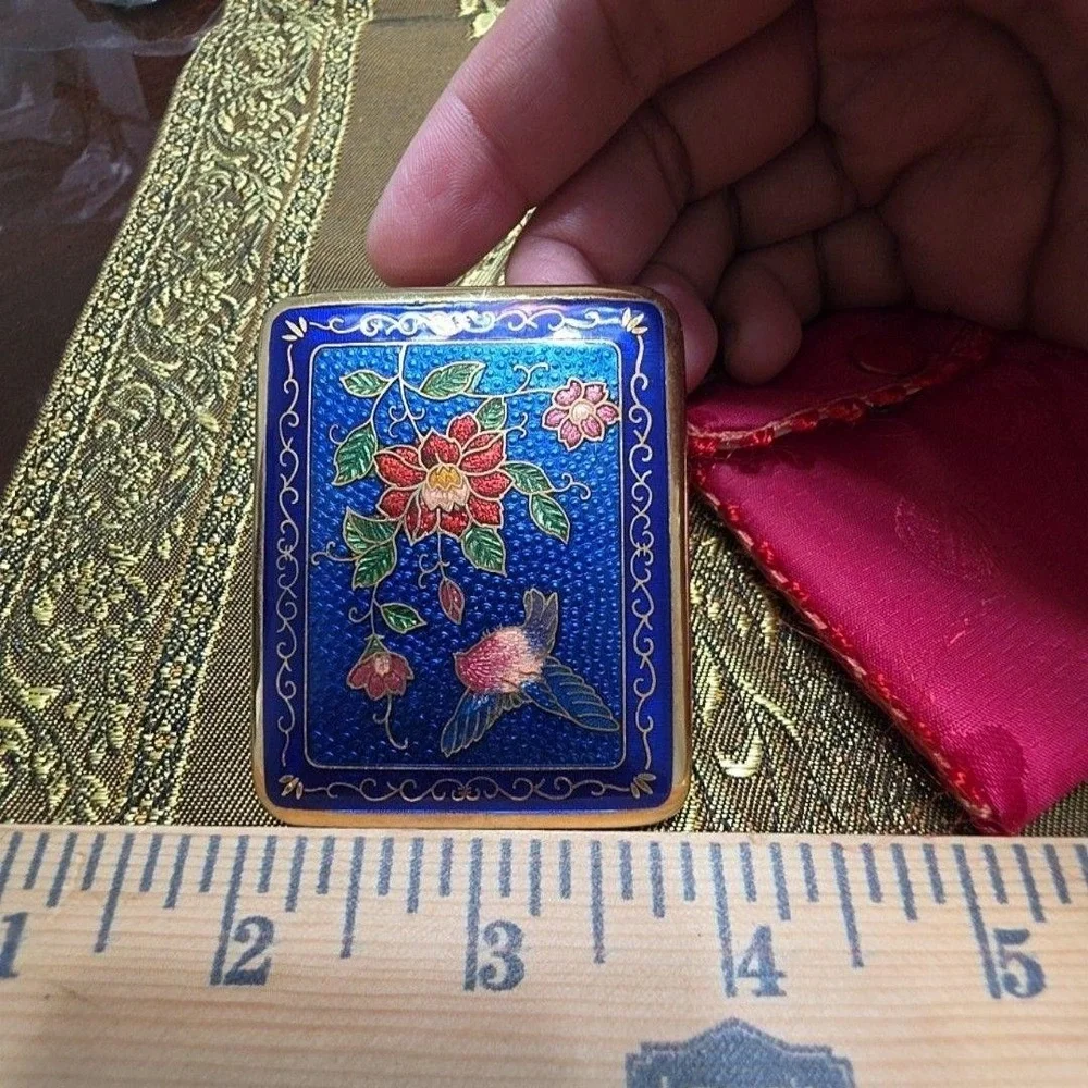 Cloisonne Enamel Blue Hummingbird Floral Pocket Mirror Small Pink Silk Pouch